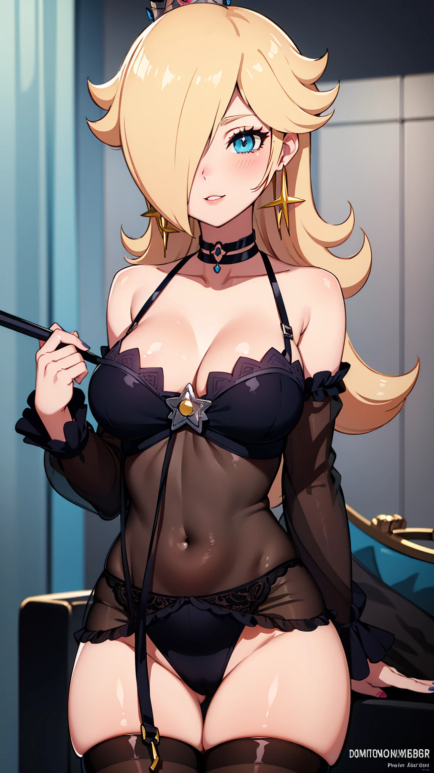 best quality, high resolution, large breasts, blonde hair, blush, evil smile, cowboy shot, looking at viewer, princess_rosalina, pink lip, sexy black gothic lingerie, gothic stockings, Hot breasts, Hot collarbones, marked breasts, marked collarbones, dominatrix, femdom,