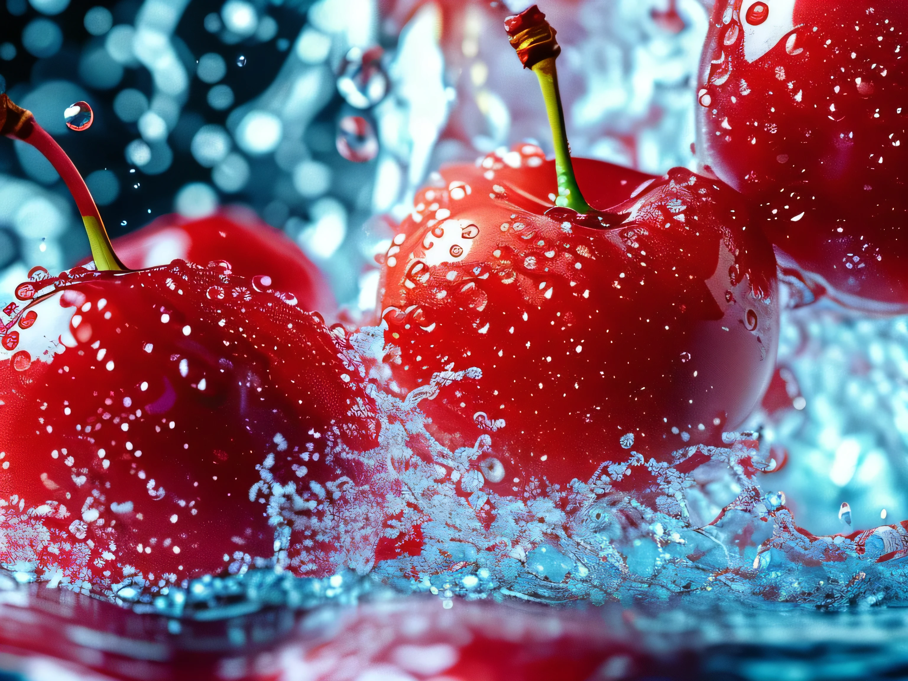 Real photography of 3 cherries falling into water and splashing with water droplets. Commercial advertising style, macro shot, background, warm lighting, cool colors creating splash effect. The cherry is dotted with white light spots, and the cherry falls from above, forming a splashing liquid water ball. HD photography quality.