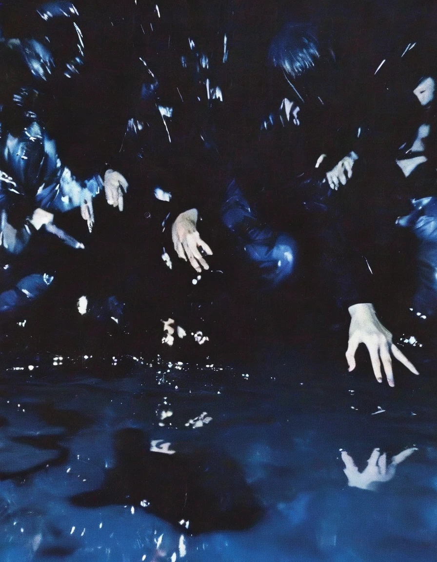 film photography, vintage, close up photo of dj playing in black water with dancing people, blue dark forest night background