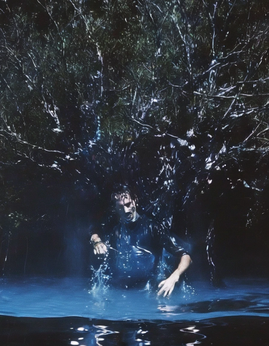 film photography, vintage, close up photo of dj playing in black water with dancing people, blue dark forest night background