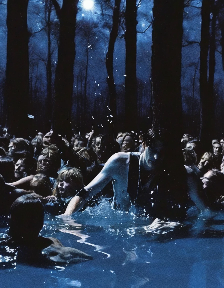 film photography, vintage, close up photo of dj playing in black water with dancing people, blue dark forest night background