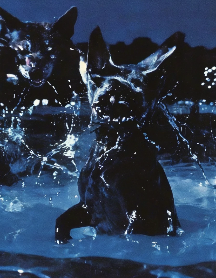 film photography, vintage, close up photo of dj playing in black water with dancing cats, blue dark forest night background