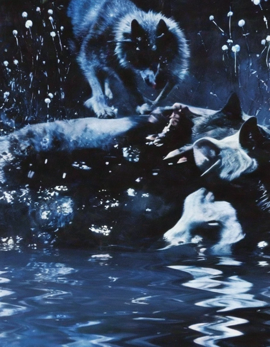 film photography, vintage, close up photo of dj playing in black water with dancing cats, blue dark forest night background