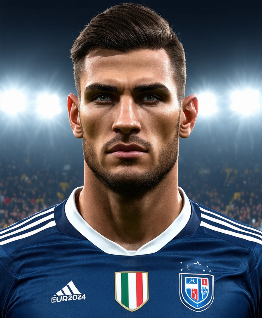 text advertisement "Euro 2024", a european football player, 1 person, solo portrait, beautiful detailed eyes, beautiful detailed lips, extremely detailed face and eyes, long eyelashes, muscular male athlete, football uniform, football player, sports action pose, dynamic motion, outdoor field, stadium lights, dramatic lighting, vivid colors, realistic, photorealistic, (best quality,4k,8k,highres,masterpiece:1.2),ultra-detailed,(realistic,photorealistic,photo-realistic:1.37),professional sports photography