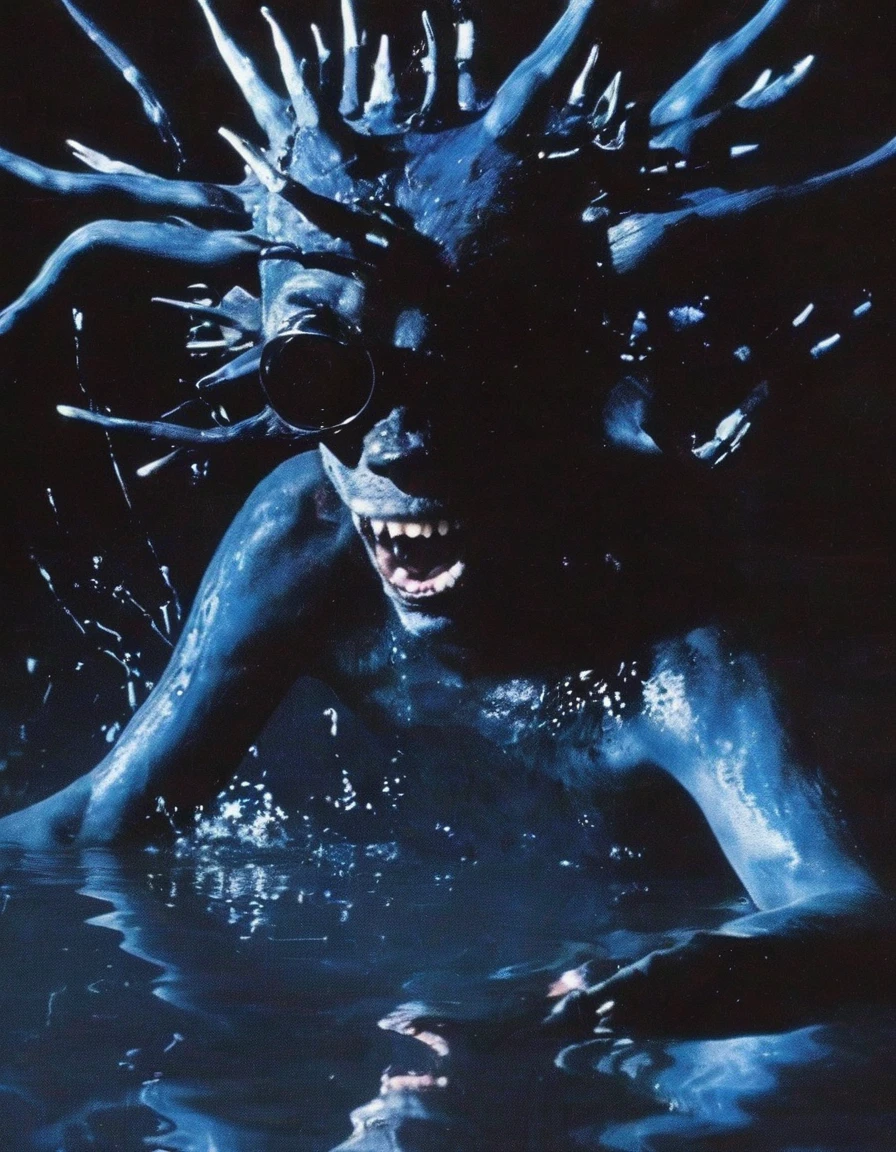 film photography, vintage, close up photo of dj playing in black water with dancing monsters, blue dark forest night background
