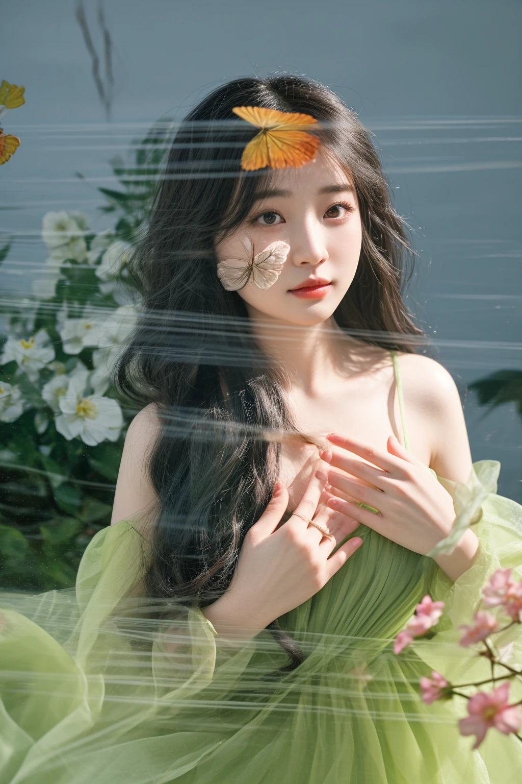 there is a woman in a green dress holding a butterfly, jingna zhang, wenfei ye, official artwork, xue han, harmony of butterfly, mingchen shen, lu ji, portrait of fairy, wu liu, fan bingbing, fairy, lulu chen, sha xi, xintong chen, a stunning young ethereal figure, portrait of a fairy, chengyou liu