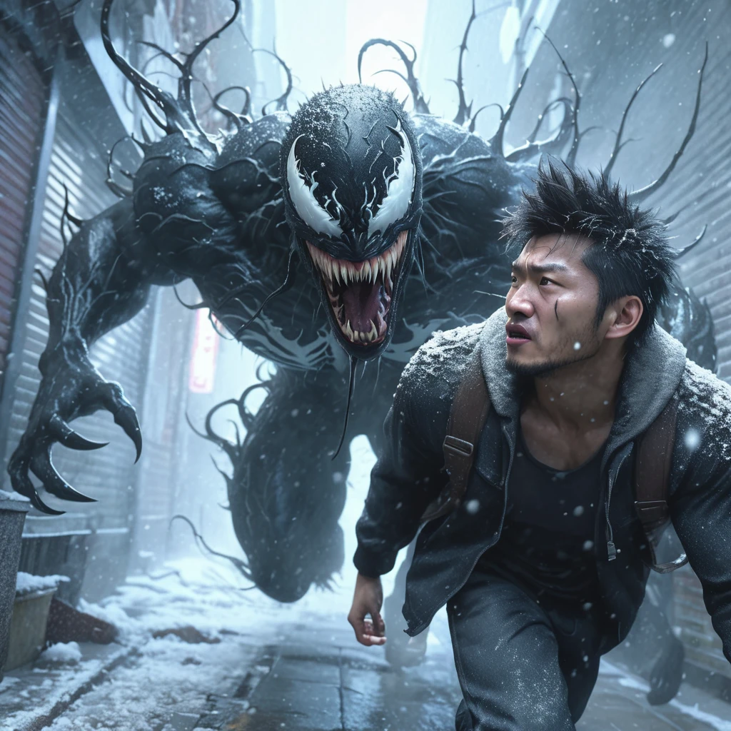 3d hyper realistic black creature called venom with an angry expression coming out of the body of an asian man ,25 years old, short and spiky hair, who was walking on a dirty street sidewalk ,tense atmosphere with snowfall ,4k,UHD,cinematic,ultra realistic