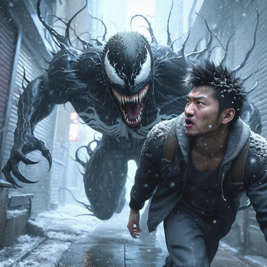 3d hyper realistic black creature called venom with an angry expression coming out of the body of an asian man ,25 years old, short and spiky hair, who was walking on a dirty street sidewalk ,tense atmosphere with snowfall ,4k,UHD,cinematic,ultra realistic