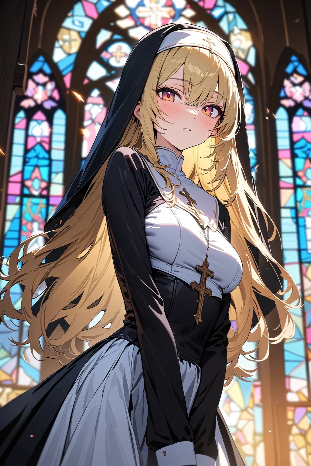 (masterpiece, best quality:1.5), (ultra detailed, high resolution, 8k, beautiful detailed, UHD, best anatomy), 1 cool girl, blonde hair, medium breasts, nun's habit, church, stained glass, Intense gaze, cross, Blurry background