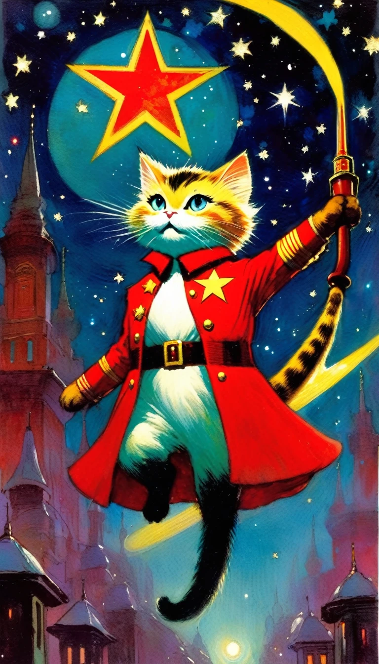 1communist cat, red star, magic, fantastic, night sky, moon, stars, background, (art inspired in Skottie Young and Bill Sienkiewicz). oil painting)