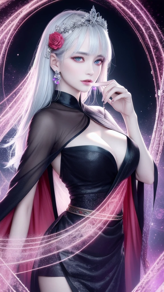 (masterpiece, top quality, 1 female, solo, exquisite details, chromatic aberration), (realistic), (skin), ((breathing)), (silver hair, blunt bangs, short cut straight long hair, short cut bangs, silver hair), beautiful hair, red headdress, blue highlights, hair over one eye, cute eyes,purple eyes, thick lips, earrings, piercing eyes, ((gold and white kimono)), ((symmetrical eyes)), ((perfectly symmetrical body)), ((perfectly symmetrical hands)), (purerosface_v1:0.3), night, (((self, natural light))), bright lighting, flowers blooming in the background, front of viewer, ((central shot, from the front, (face and waist))), mysterious atmosphere, flowers blooming around, light colored background, fortune teller in kimono, beautiful fortune teller, fortune teller, dark fantasy female fortune teller, female fortune teller, f Fantasy photography, magician, witch fairy tale, Japanese style, elegant cinematic fantasy art, fantasy woman, magician portrait, casting a spell, fortune teller, unsexy kimono, A powerful wizard stands in a mysterious forest, fluttering robes adorned with symbols, holding a glowing heart crystal ball, eyes glowing with mystical energy, spells leaking from his mouth, vivid swirling patterns of black magic pulsating in hues of red and blue appear in the air, magic permeates, flowers bloom and sacred creatures gaze in awe, threads of magical energy dance, revealing hidden realms and unravelling secrets, capturing the essence of this enchanting moment and bringing to life the mysterious power of black magic on a canvas of the highest quality and finest detail. Top Quality, Masterpiece, Ultra High Resolution, (Photorealistic: 1.4), RAW Photo, Sharp Focus, High Resolution, Detailed Skin, .