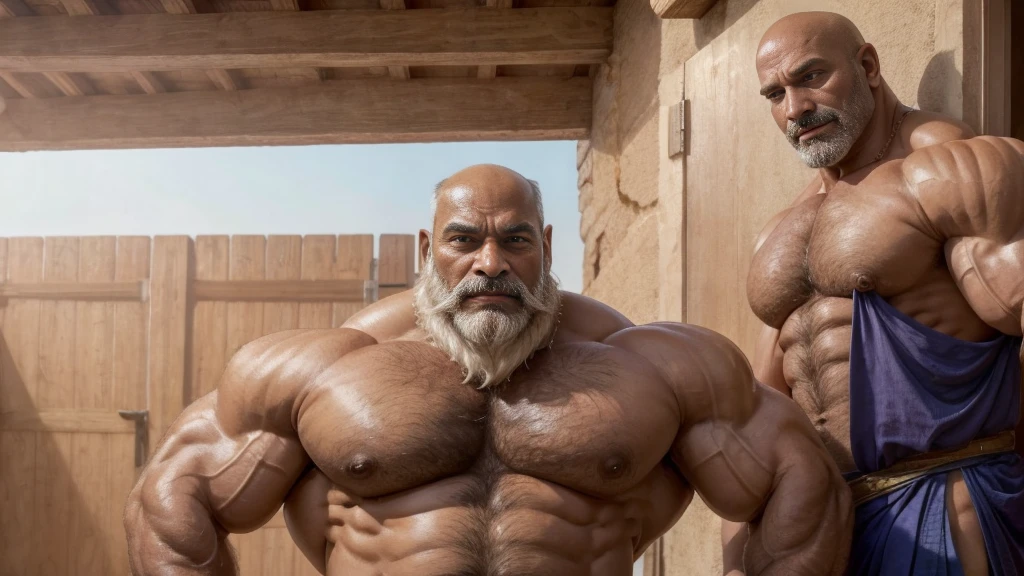 2boys, A handsome mature old indian dad with a massive beard and no shirt standing in front of a door,bald head,hyper muscular, pumped, roids, huge pecs, arms, biceps, shoulders, male focus, centered, tan skin, dom, meticulous muscle definition, detailed face, big sexual energy, (60 years old)