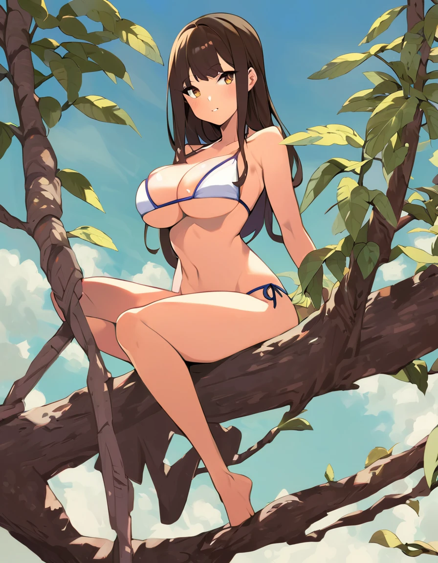 A sexy girl sitting on a branch wearing only a tight bikini, your chest is big and your body is thin and athletic