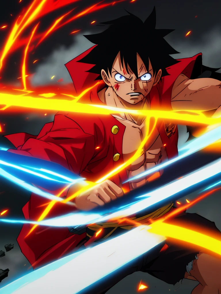 painterly style, badass male character looking like the fusion between Luffy and a Saiyan at war, character design, body is adorned with glowing yellow runes, yellow aura around him, body dynamic epic action pose, intricate, highly detailed, epic and dynamic composition, dynamic angle, intricate details, multicolor explosion, blur effect, sharp focus, uhd, hdr, colorful shot, stormy weather, tons of flying debris around him, dark city background, modifier=CarnageStyle, color=blood_red, intensity=1.6
