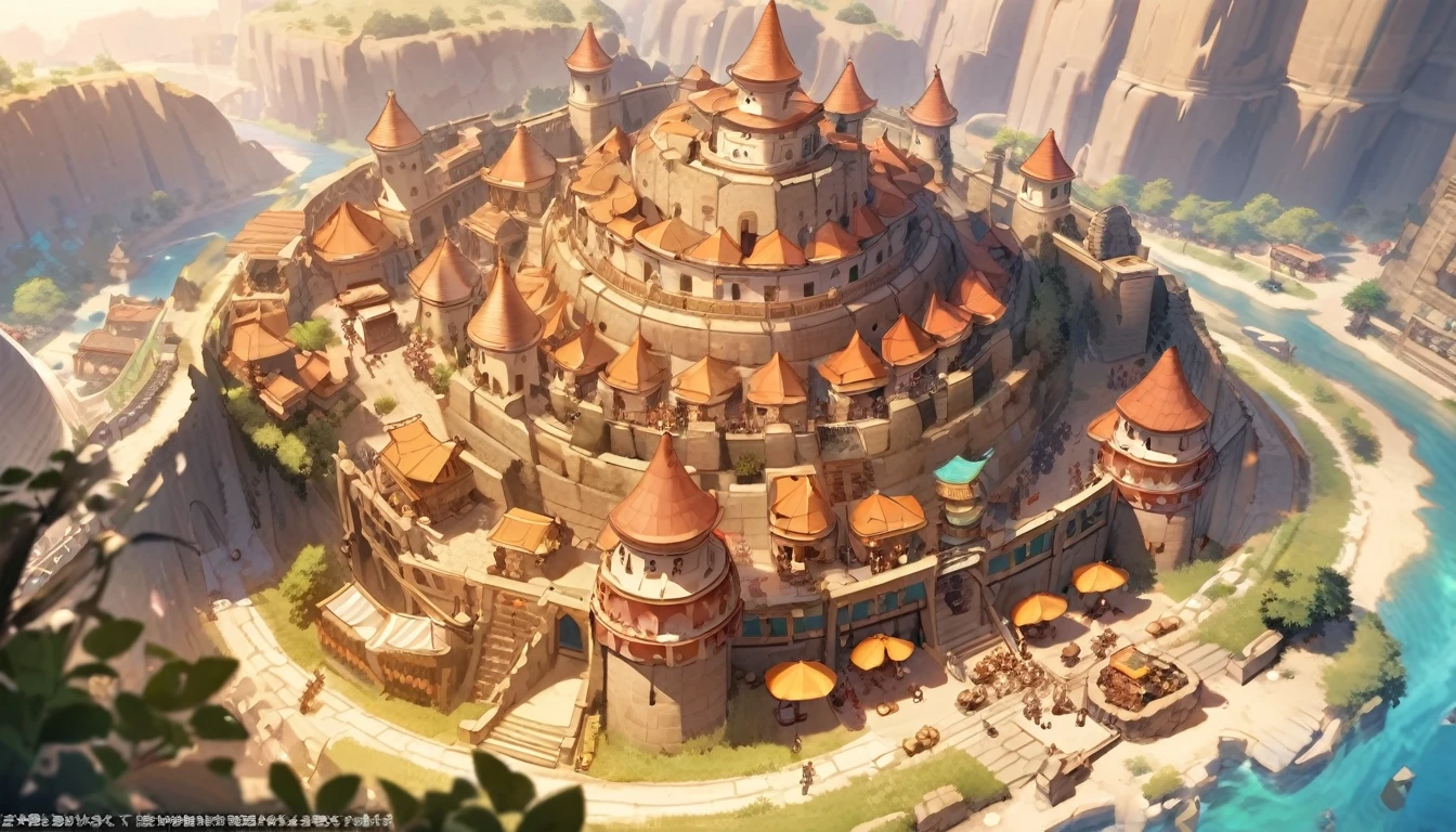 Big castle, magic walls red flag wolf icon The atmosphere of the ancient city, the market, the villagers, the community is bright.