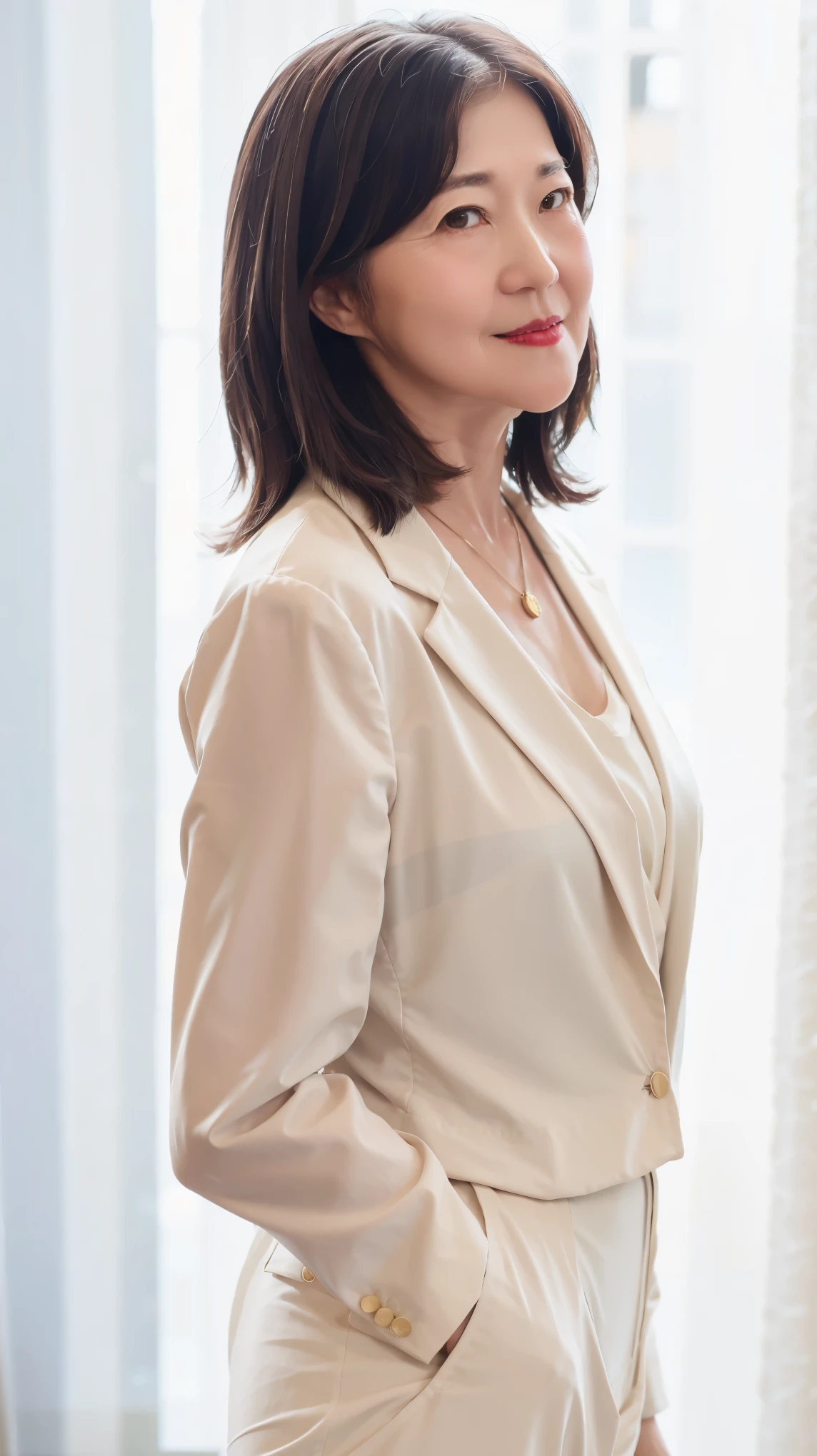 50-year-old woman， Soft headlights，Huge sagging chest contour，High-density imaging，（Clean and delicate face），((White suit))，((Various dynamic poses))，((((Half-length photo))))，((Curtains in the background))，best quality，masterpiece，（Soft colors：1.2）