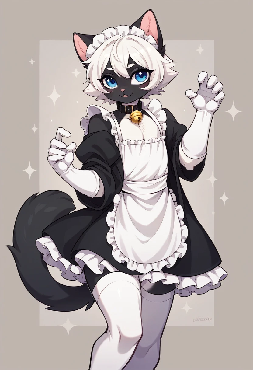 work of art, perfect, highy detailed, (small hibryd anthro cat femboy), fluffy black fur, ((blue colored eyes)), ((1))rabo de gato fluffly, short white hair, tiny chest, (CUTE CAT Ears), Wearing a collar, pelos pretos nas coxas e virilha fluffly, White silk gloves, silk white thigh socks, wearing a grayish-black snout, True muzzle, god of eyes, detailed coat, rabo de gatinho fluffly preto, detailed grout, furry, femboy, ,fluffly,black collar with bell, white maid dress, dominant pose, domination