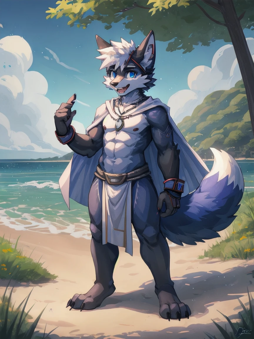 teenanger,solo,freshmen,young people,white hair, nipples,fox, blue eyes, masterpiece, blue fur, clean face, blue necklace, thick eyebrows, detailed eyes, anthro, claw, white headband,white cape,outdoor,open mouth,looking at viewer,necklace,wrist guard,seaside,white loincloth,trees,full body