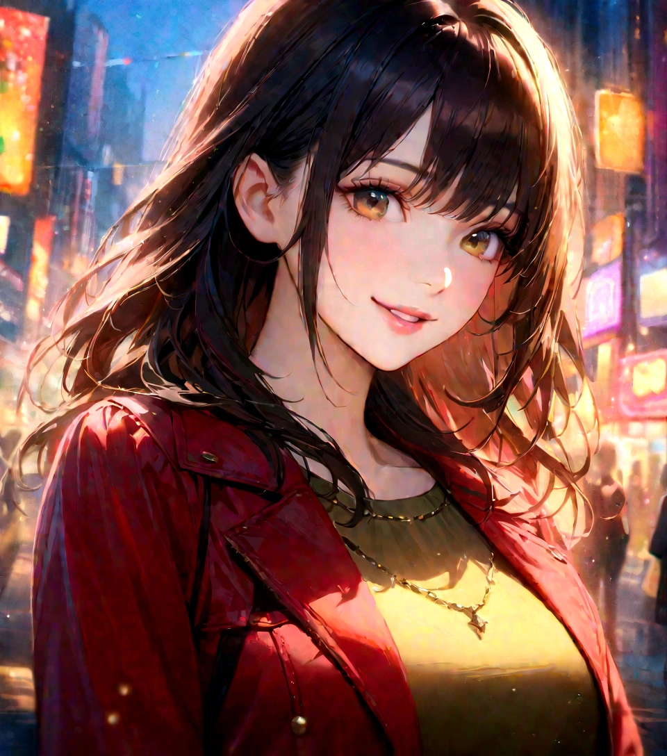 Shinjuku, Cute casual clothes,On a date,Blur the background,high school girl,smile,Glitter effect,Highest quality, 4K, 8K, High resolution, masterpiece:1.2, Very detailed, Realistic:1.37, High resolution, 超High resolution, Ultra-fine painting, Very detailed, Professional, Vibrant colors