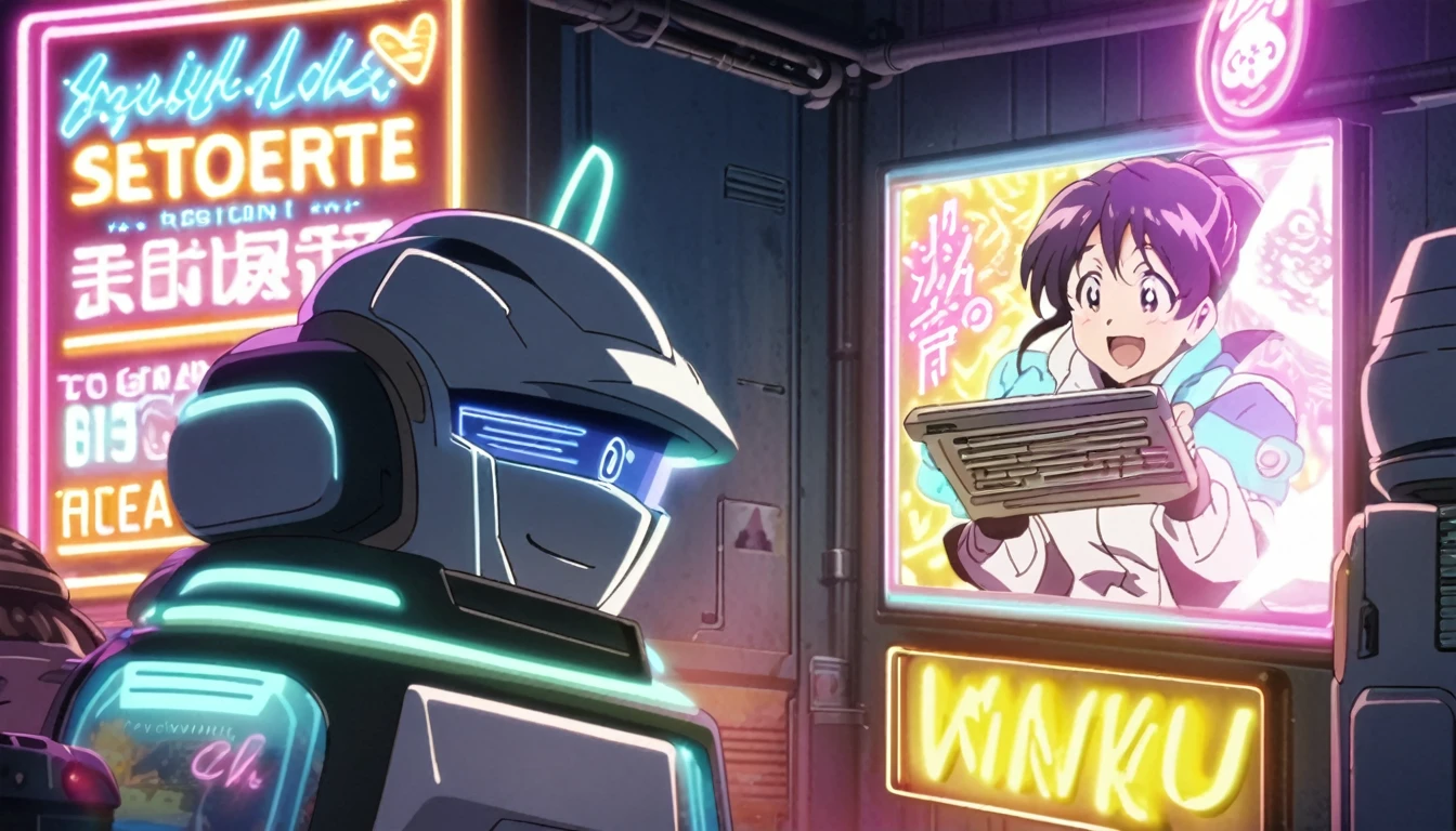 Anime pictures, bright cartoons, robots holding computer keyboards, sunlight, neon lights, smiling robots