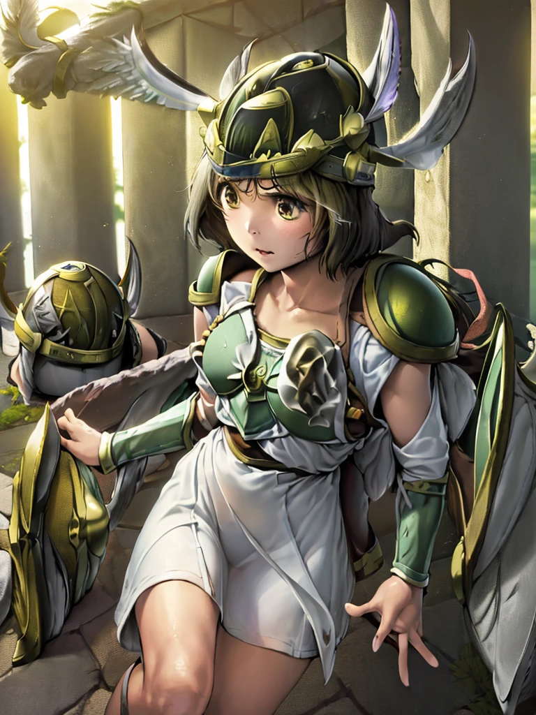 masterpiece, ultra-detailed, best quality,1girl, 18yo, beautiful girl,BREAK,(Armor:1.8),BREAK,(Long Mitsuami:1.8),BREAK,(Helmet with wings:1.8),