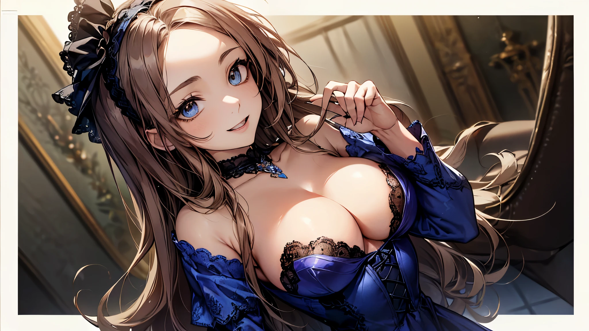 ((Biologically correct limb count))、((whole body including face))、4K、Masterpiece、((Focus on the face))、((Symmetrical, well-proportioned facial features))、Eyes with delicate depictions、(((One beautiful woman)))、Outstanding style、Slender Body、((Headband、Gothic ta、Blue Dress、(High heels)))、(smile)、(Close-up photo of the upper body)、High angle、Look Up、Photo with white border、looking at the camera、Strike a sexy pose for the camera
