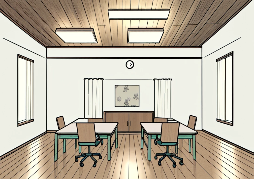 A square conference room with Equal length and width, 1960 style layout, a simple wooden table in the middle of the room, one door in the room, a simple lamp attached to the ceiling, the room has a simple baseboard, Simple floor and ceiling, one simple frame, Simple window with simple curtain.