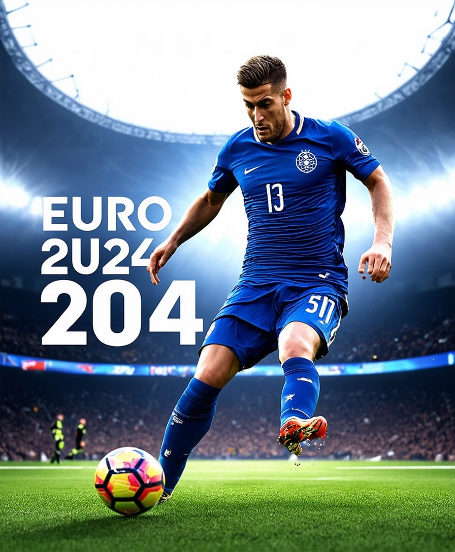 advertisement text "Euro 2024", epic text, european football player kicking a ball, dynamic composition , movie posted