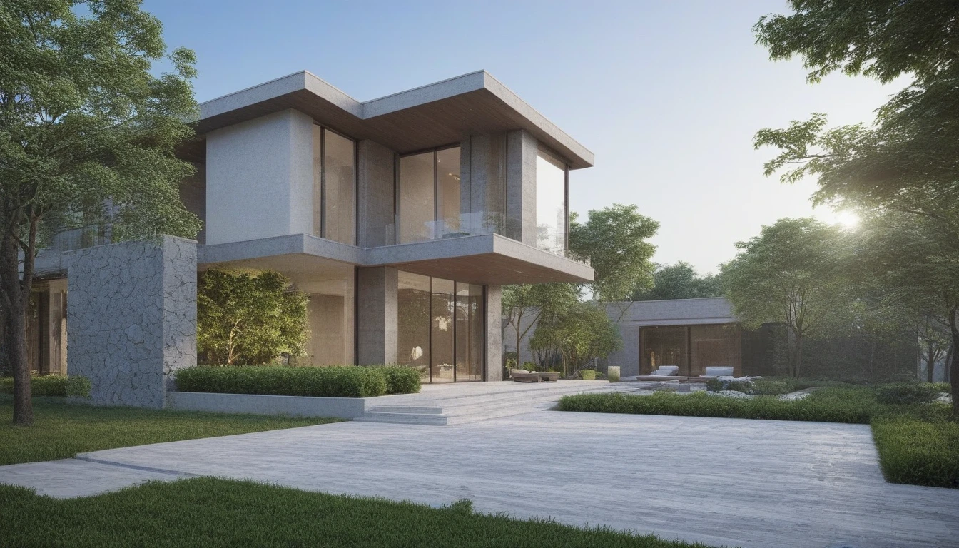 qlcd,tingyuan, photo of modern villa, grassland, garden, shrubs and trees, rock decoration, clear sky, sun light, realistic photo
