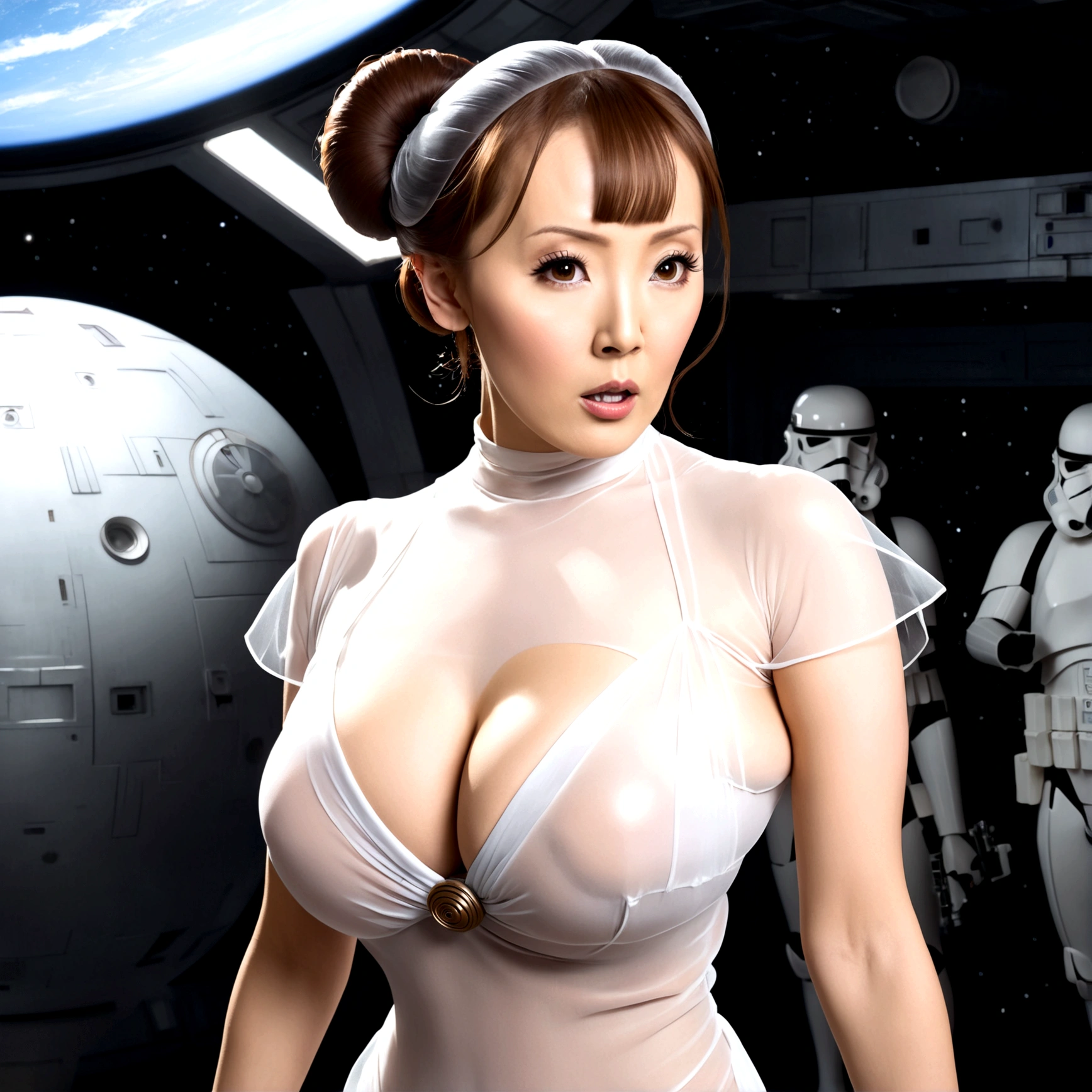 Hitomi Tanaka as Princess Leia, (translucent white sheer gown extremely revealing, iconic side bun hairdo,) she is receiving hard anal sex from huge dick stormtroopers, on a space station
