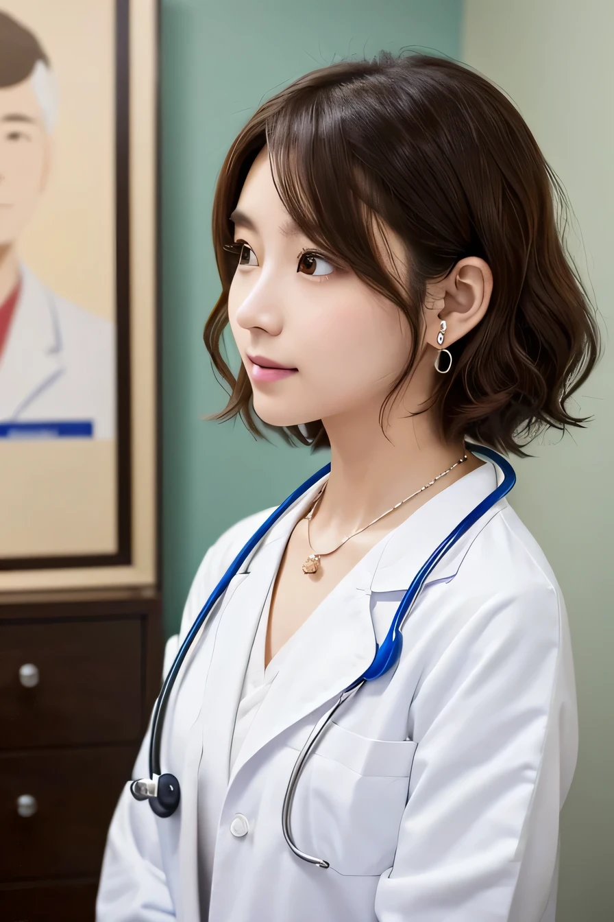 young woman、 Japanese women、Brown Hair、Necklace around the neck、White、Doctor's attire、Stethoscope、、Wavy Hair、short hair、Intricate details, Very detailed:1.2), 、 Looking into the camera,The background is the examination room...、ear piercing