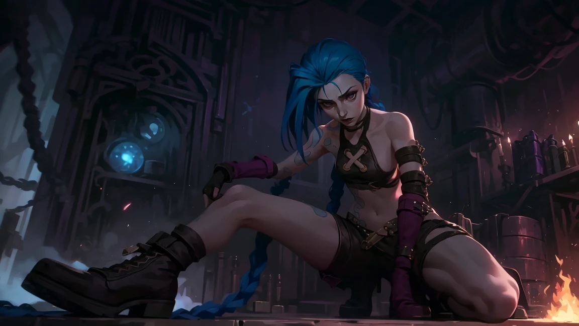 very y, crazy look, длинные синие hair заплетены в косы, full length (full body 1.1.), tight leather pants, Jinx's character design, stands on the edge of the roof, fantasy city, night, explosions, fire, Sparks, Purple Flashes, beautiful figure, Arcane Curse, Bright blue and purple Sparks all around, burning eyes, Pink Shiny eyes, длинные hair, hair, braided in long braids, Pigtails hang below the knee, Hair color changes from bright blue to navy blue., leather boots on the feet, Top with four gold circles on the chest in the middle of the chest., Blue cloud tattoo on shoulders and waist., long bangs, hanging on the right side, чрезвычайно подробные обои CG Unity 8k, detailed light, Cinematic lighting, Chromatic aberration, sparkling, inexpressive, epic composition, dark in the background, Chereter Design, very detailed, detailed body, Vibrating, detailed face, sharp focus, anime art, Vibrating, detailed face, Hugh Details, sharp focus, Detailed eye, Super lovely illustration, best shadow, finely detail, beautiful detailed glow, beautiful detailed, extremely detailed, inexpressive, epic composition,