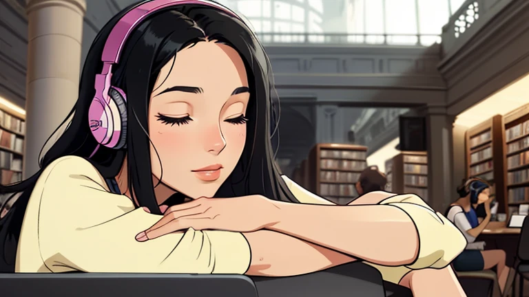 Beautiful woman in her 30s with black hair is sitting with headphones in library. Looking down, eyes closed, LOFI girl, relaxing mood, cozy, only five fingers, Paris city, colorful, Well-proportioned face, female Beautiful fingers, summer,