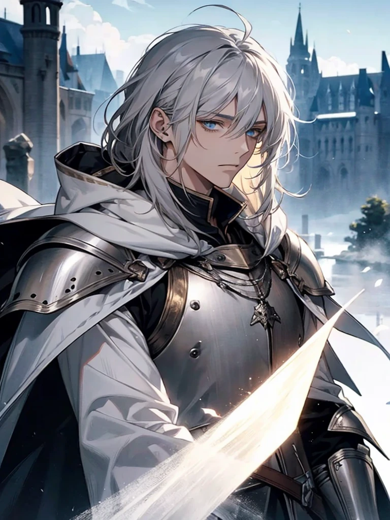 male, short white medium length hair, blue sea eyes, adult face, adult, white hood and shroud, black medieval outfit, swordman, handsome, gentle medieval, lake ruinscape background, detailed eyes, looking at viewer