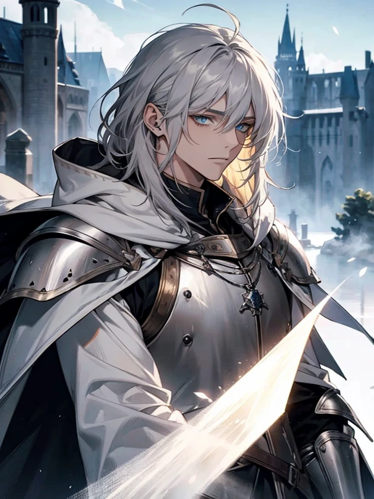 male, short white medium length hair, blue sea eyes, adult face, adult, white hood and shroud, black medieval outfit, swordman, handsome, gentle medieval, lake ruinscape background, detailed eyes, looking at viewer