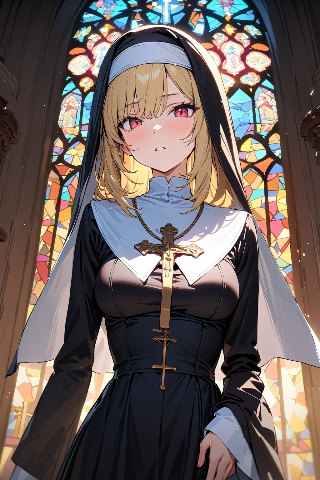 (masterpiece, best quality:1.5), (ultra detailed, high resolution, 8k, beautiful detailed, UHD, best anatomy), 1 cool girl, blonde hair, medium breasts, nun's habit, church, stained glass, Intense gaze, cross, Blurry background