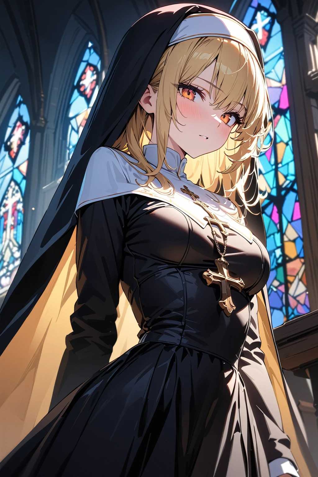 (masterpiece, best quality:1.5), (ultra detailed, high resolution, 8k, beautiful detailed, UHD, best anatomy), 1 cool girl, blonde hair, medium breasts, nun's habit, church, stained glass, Intense gaze, cross, Blurry background