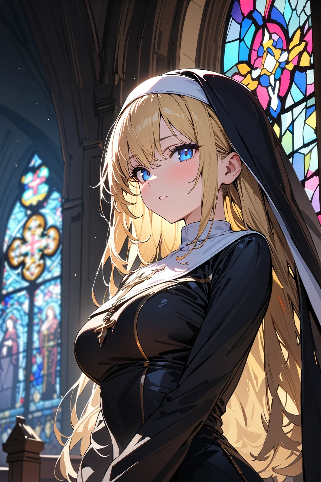 (masterpiece, best quality:1.5), (ultra detailed, high resolution, 8k, beautiful detailed, UHD, best anatomy), 1 cool girl, blonde hair, medium breasts, nun's habit, church, stained glass, Intense gaze, cross, Blurry background