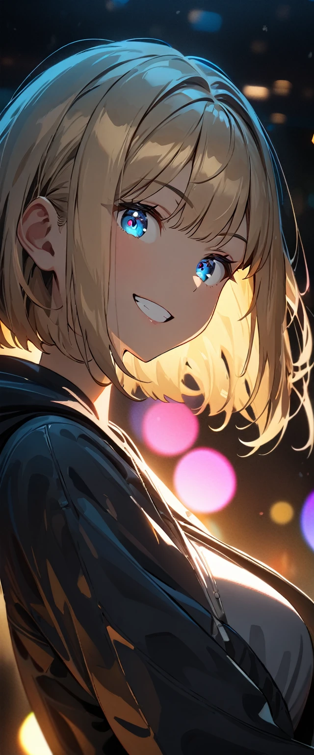 (((One girl))), blond hair, bob cut, (upper body), (looking at viewer), big breasts, head tilt, (((blue eye))), (from side), hand in pocket, ((grin)), black hoodie, anime style, (best quality, 4k, 8k, highres, masterpiece:1.2, ultra-detailed, ultra-detailed eyes, HDR, UHD, studio lighting, ultra-fine painting, sharp focus, physically-based rendering, extreme detail description, professional, vivid colors, bokeh)