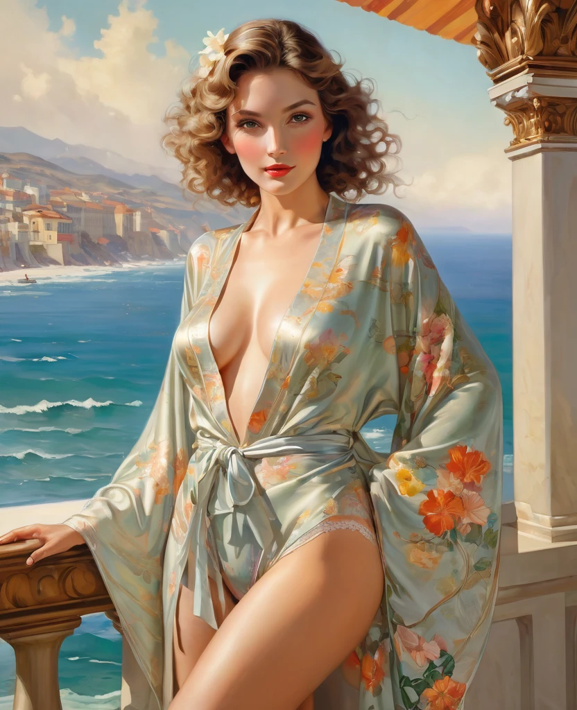 (masterpiece oil painting), 1 woman, breakfast at a luxurious table full of treats, a beautiful silk robe in flowers is thrown over the shoulders, the robe is unbuttoned, one leg laid to the side, visible transparent openwork (panties:1.7) (pussy pubic hair visible:1.7), Smile on his face, ethereal and beautiful Hugo Boss model from the 1940s.., Beautiful painting with a very detailed face by Alphonse Mucha.., Craig Mullins, Greg Rutkowski, Magali Villanueva, (The most beautiful picture), The whole body is visible, sexy pose, ideal body shape, view from bottom to top, on the balcony against the backdrop of the beautiful seashore, mountains