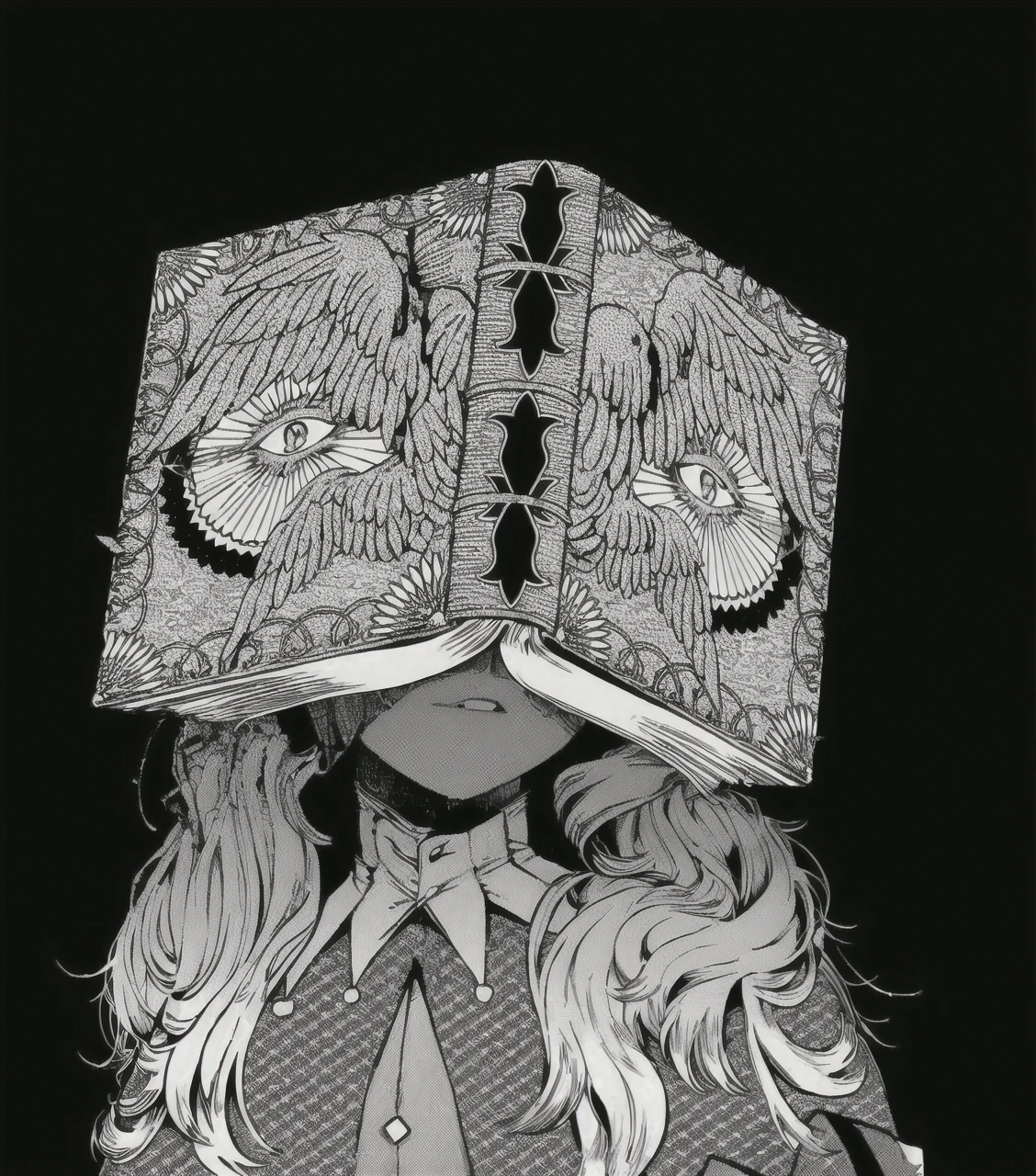 ((1boy)) ((my hero academia)) ((femboy)) short blonde hair, a book covers his face with eyes on it, he wears ta style dresses, he has milky white skin, he is 4’9, his actual eyes are light brown, and he usually wears lipgloss.