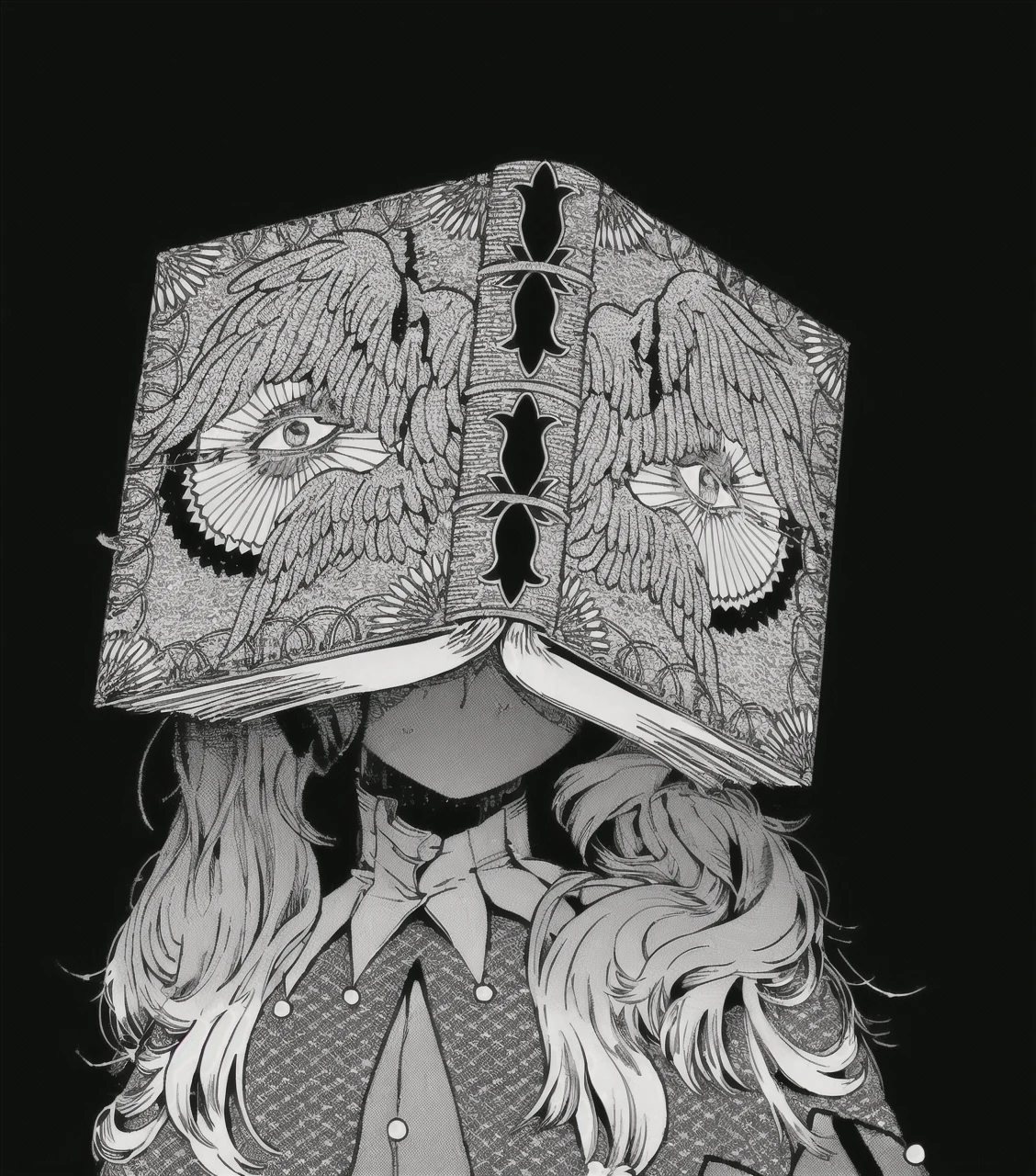 ((1boy)) ((my hero academia)) ((femboy)) short blonde hair, a book covers his face with eyes on it, he wears lolita style dresses, he has milky white skin, he is 4’9, his actual eyes are light brown, and he usually wears lipgloss.