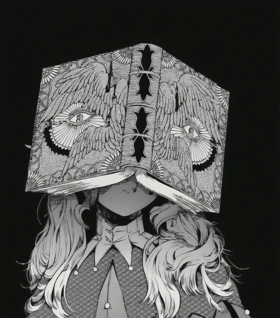 ((1boy)) ((my hero academia)) ((femboy)) short blonde hair, a book covers his face with eyes on it, he wears ta style dresses, he has milky white skin, he is 4’9, his actual eyes are light brown, and he usually wears lipgloss.