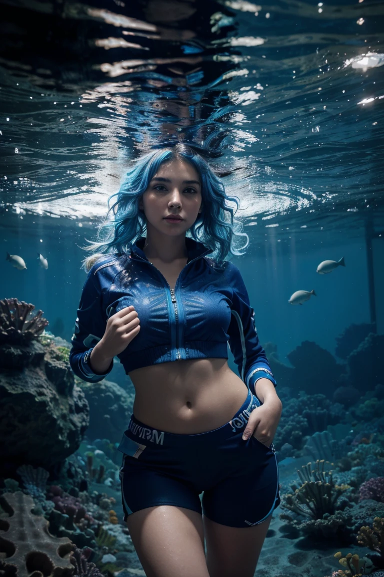 8K, 1girl, high color, gorgeous, (fractal art 1.8), pout, youth, blue hair, deep under the sea, gorgeous, dynamic, visual impact, hands in pockets, (waves on the lens 1.5)