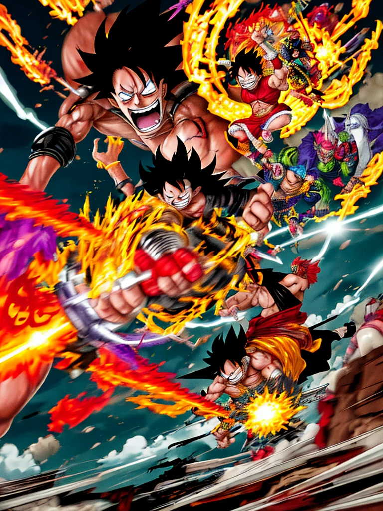 painterly style, badass male character looking like the fusion between Luffy and a Saiyan at war, character design, body is adorned with glowing yellow runes, yellow aura around him, body dynamic epic action pose, intricate, highly detailed, epic and dynamic composition, dynamic angle, intricate details, multicolor explosion, blur effect, sharp focus, uhd, hdr, colorful shot, stormy weather, tons of flying debris around him, dark city background, modifier=CarnageStyle, color=blood_red, intensity=1.6