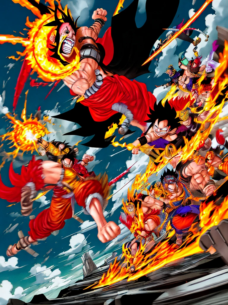 painterly style, badass male character looking like the fusion between Luffy and a Saiyan at war, character design, body is adorned with glowing yellow runes, yellow aura around him, body dynamic epic action pose, intricate, highly detailed, epic and dynamic composition, dynamic angle, intricate details, multicolor explosion, blur effect, sharp focus, uhd, hdr, colorful shot, stormy weather, tons of flying debris around him, dark city background, modifier=CarnageStyle, color=blood_red, intensity=1.6