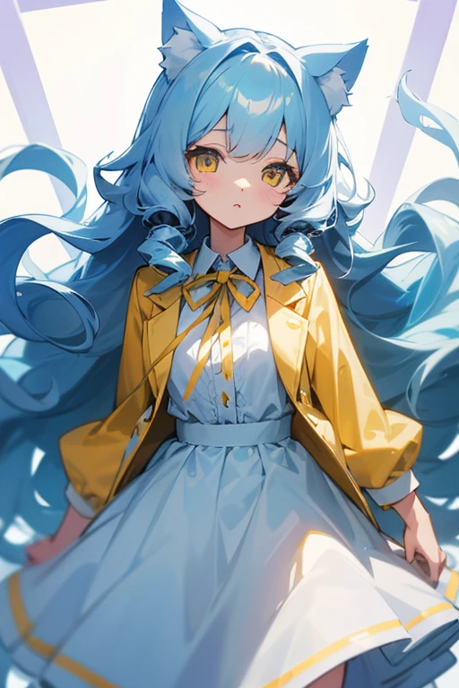 Soft light blue, slightly long curly hair、Cat ear、Yellow Eyes、White dress shirt-like blouse、Yellow jacket、Light blue skirt、Light blue ribbon on chest、Girl、cute