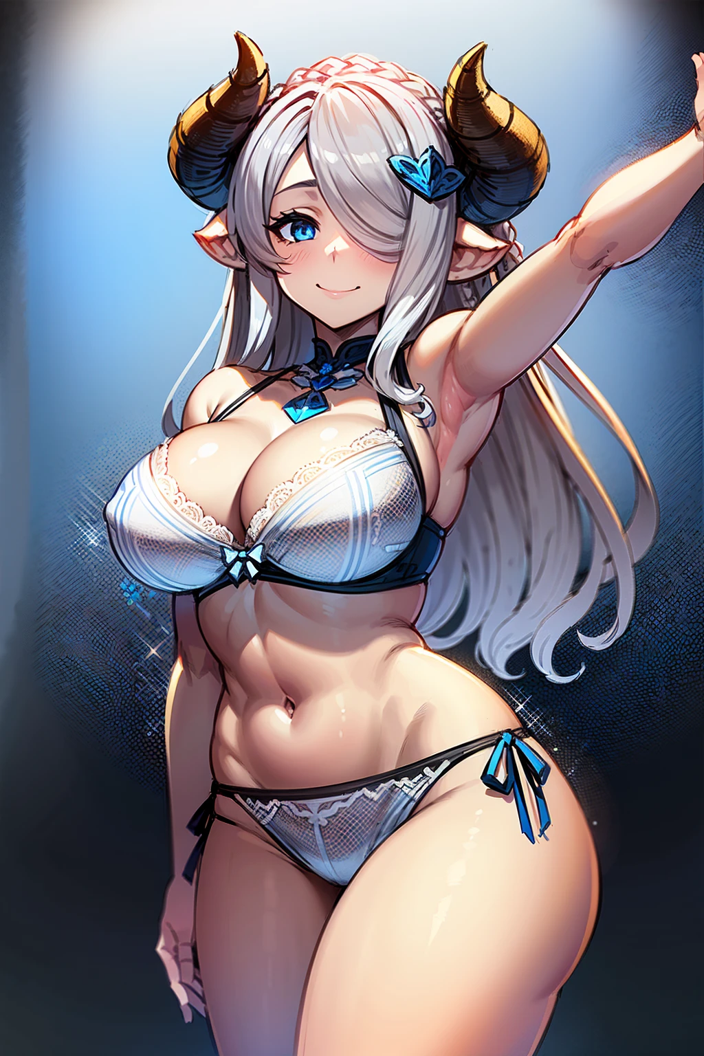 (((1 woman))), ((detailed blue eyes)), ((long silver hair)), large breasts, curvy hips, perfectly drawn body, seductive smile, narmaya, wearing white jeweled bra and panties, adorned with blue roses, best quality, masterpiece, ultra-detailed