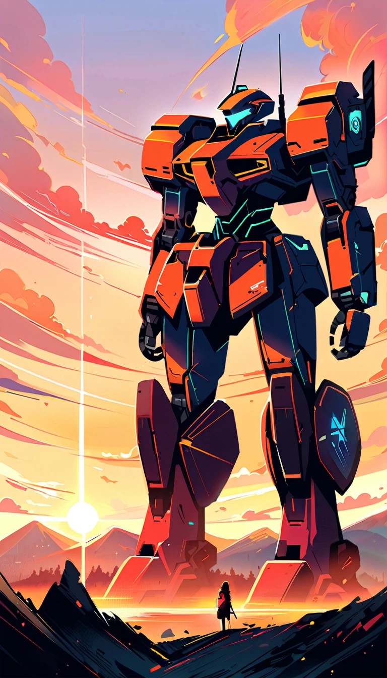 sci-fi, digital painting, sunrise time, large mech standing on a hill, woman, pilot of the mech sitting inside it, open flap of the mech so that you can see the woman at the controls of the mech, watching the sunrise