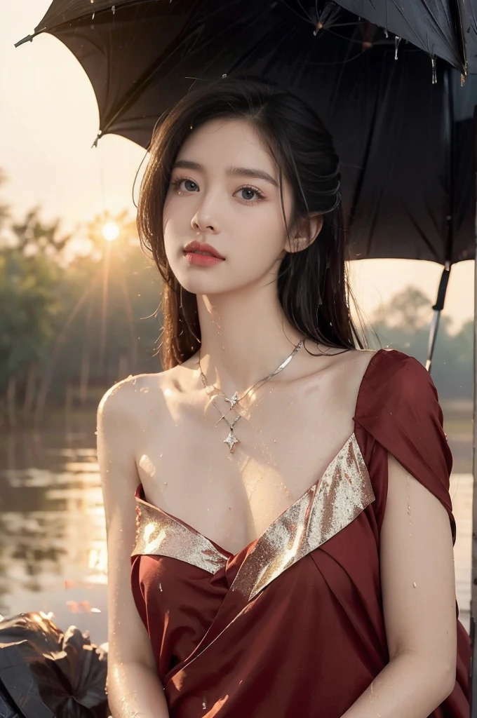 (((best quality))),(((ultra detailed))),(((masterpiece))),illustration,1 beautiful girl,solo,slim,thin,flat chest,shoulder length straight bob hair,flowing hair,fair skin,sparkling eyes,cherry-red dress,delicate silver necklace,grass,dewdropletts,trees,bird chirping,rising sun,(shimmering shadows:1.3),serenity,gratitude,awe,wonders of nature,peace,contentment,magnificent world,summer,(sunrise:1.5),(dark dawn:1.5),upper body,from front,(after rain:1.3),(wet:1.3),standing